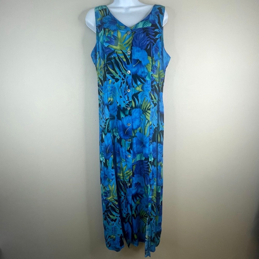 Vintage 90s Hawaiian Maxi Dress 10 Cobalt Tropical Floral Tie Back Vacation